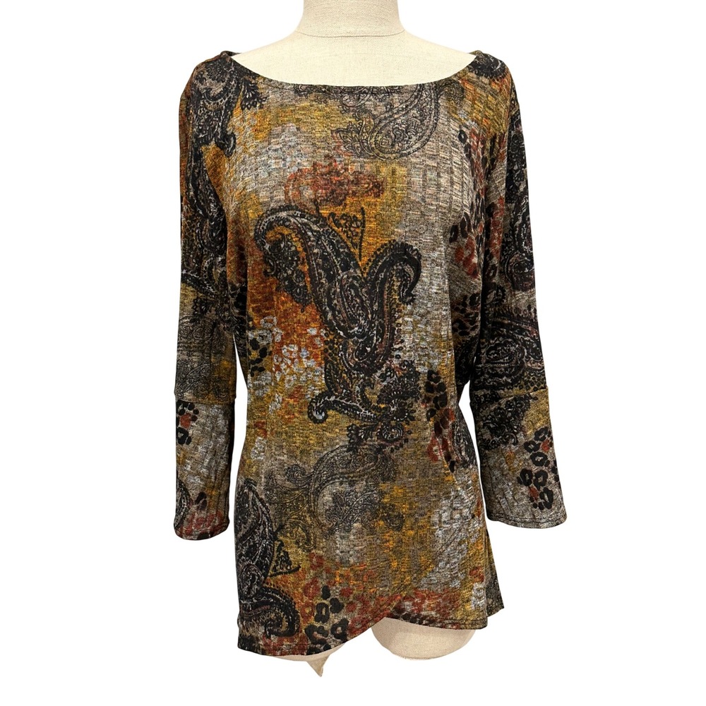 Alyx Womens 1X Boho Paisley Leopard Print Boat Neck 3/4 Bell Sleeve Tunic Top